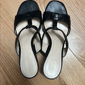 Tahari Black Sandals with T-Strap and Buckle